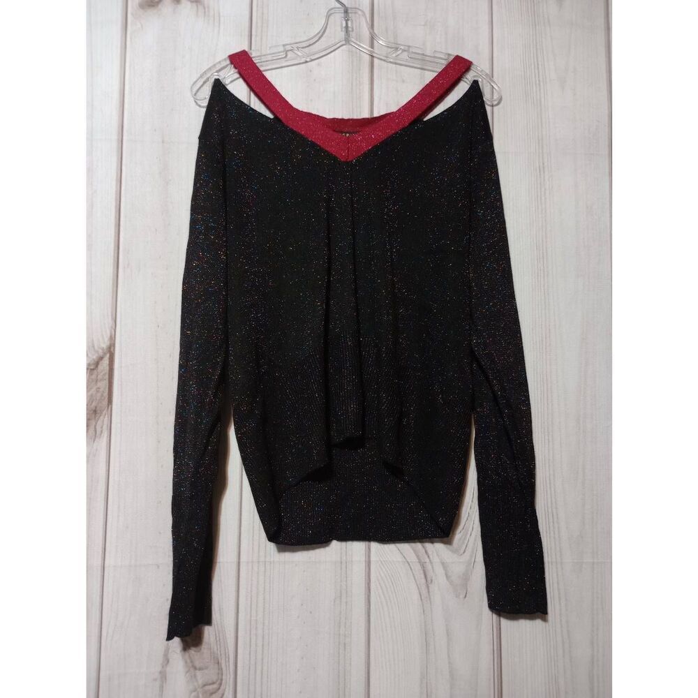 JOSEPH A Black Sparkle Party V Neck Cold Shoulder Long Sleeve Top L